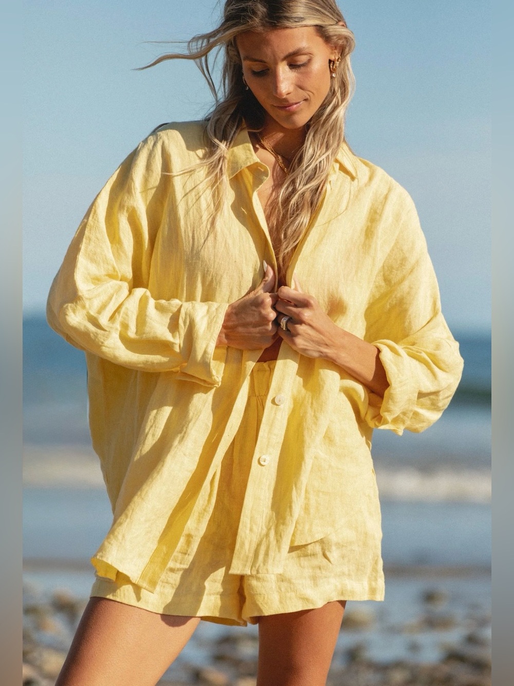Solai Australia Butter Yellow Oversized Linen Button-Up Shirt Small